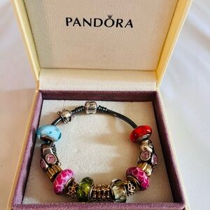 Vintage Pandora Bracelet with Red, Pink, and Green Charms